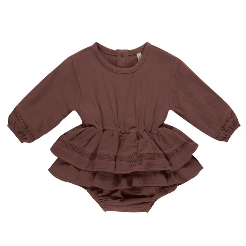 Quincy Mae Mauve Brown Layered Ruffle Romper